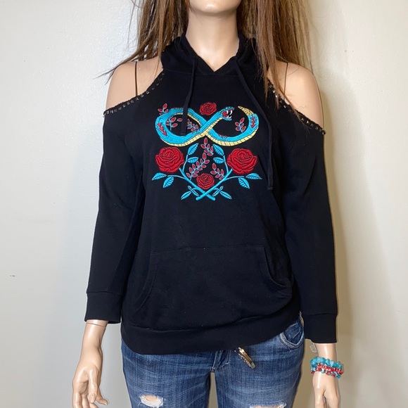 torrid Sweaters - TORRID SZ 1X EMBROIDERED STUDDED COLD SHOULDER HOODIE SNAKE